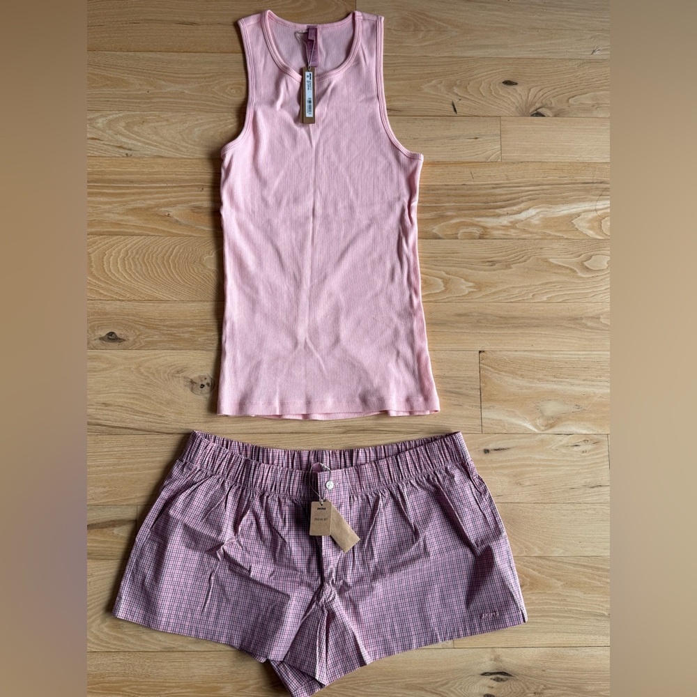 SKIMS Cotton Poplin Sleep Mini Boxer Set, NWT, Size Large, Color: Berry Check - Picture 4 of 7